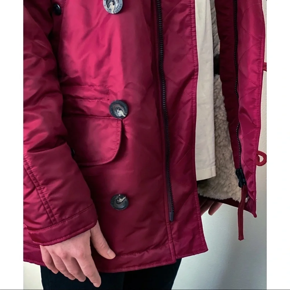 True Religion Men’s Parka Sherpa Zip Up Winter Jacket Hooded Coat Burgundy Red M